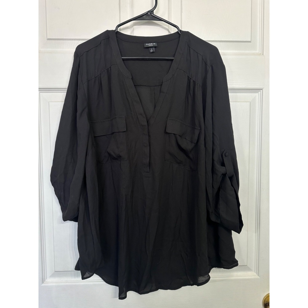 Torrid Size 3 22/24 Black Chiffon Semi-Sheer 3/4 Sleeve Harper Blouse‎